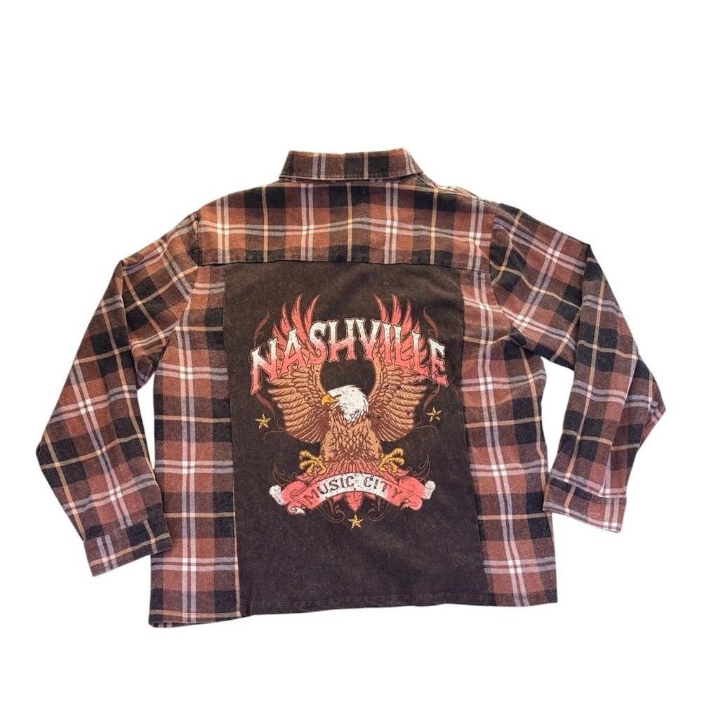 Altar'd State Nashville Music City Eagle Plaid Flannel Shirt L Brown Western